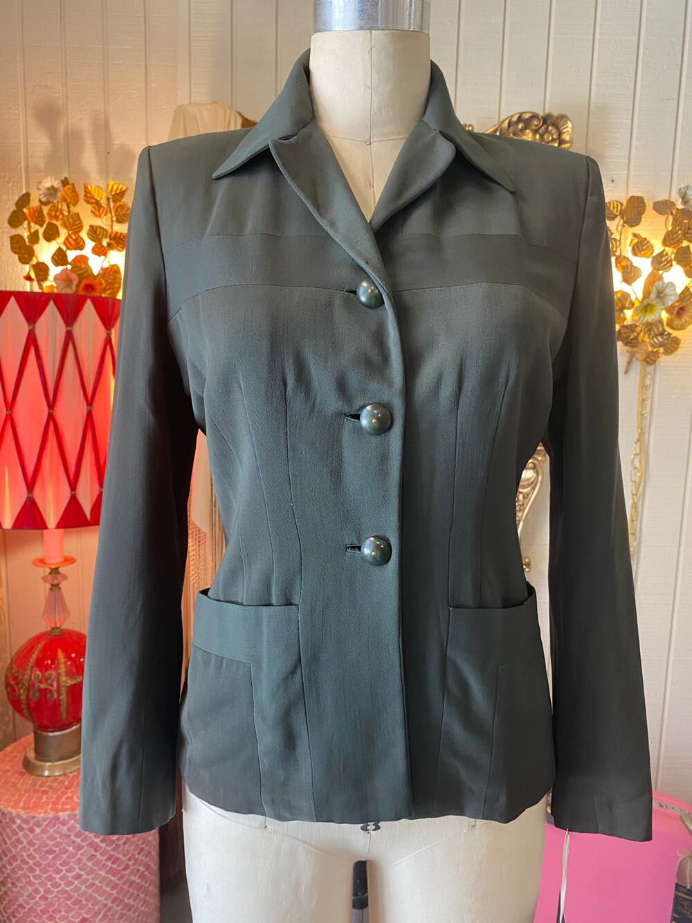 vintage 1940s army green fitted suit jacket, 40s wool blazer, forstmann, s/m